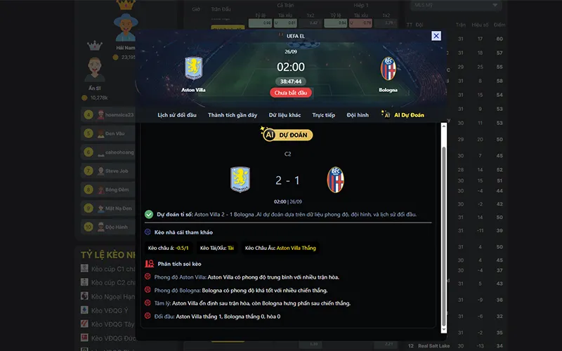 Dự đoán kết quả AI Aston Villa vs Bologna 02h00 ngày 26/9/2025