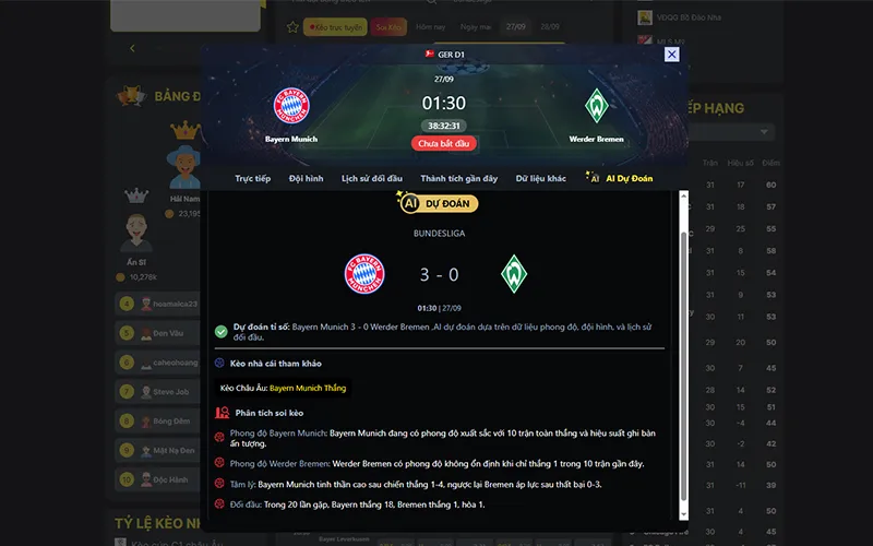 Dự đoán kết quả AI Bayern Munich vs Bremen 01h30 ngày 27/9/2025