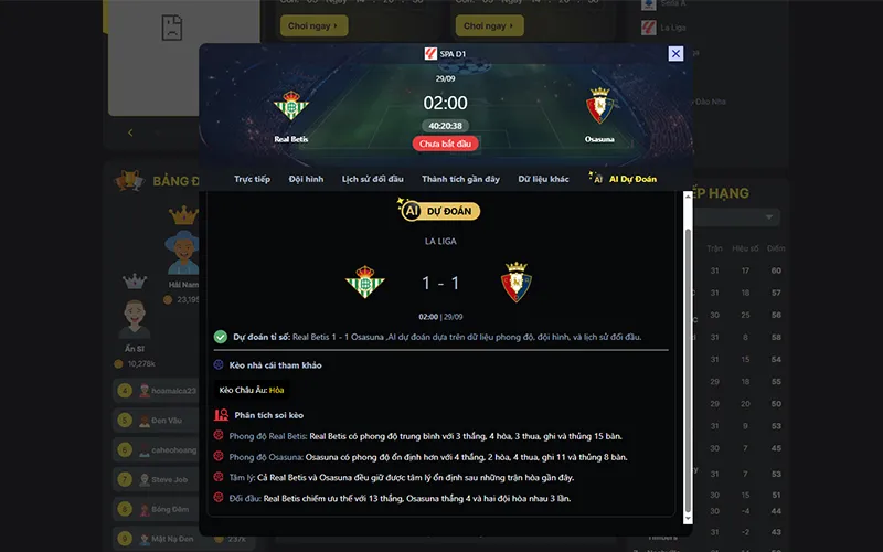 Dự đoán kết quả AI Betis vs Osasuna 02h00 ngày 29/9/2025