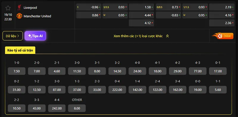Tỷ lệ kèo Liverpool vs Man Utd hôm nay 22h30 ngày 19/10/2025