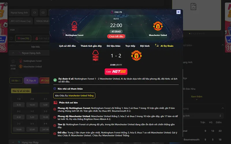 Dự đoán kết quả AI Nottingham vs Man Utd 22h00 ngày 01/11/2025