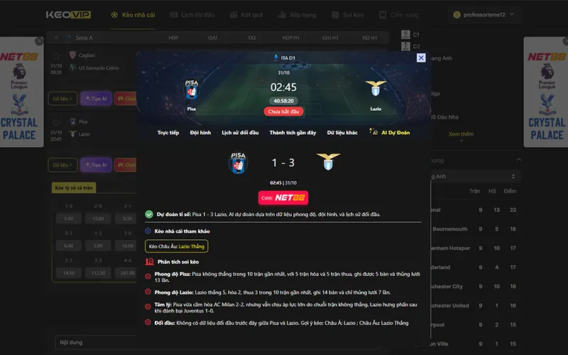 Dự đoán kết quả AI Pisa vs Lazio 02h45 ngày 31/10/2025