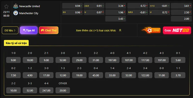 Tỷ lệ kèo Newcastle vs Man City hôm nay 00h30 ngày 23/11/2025