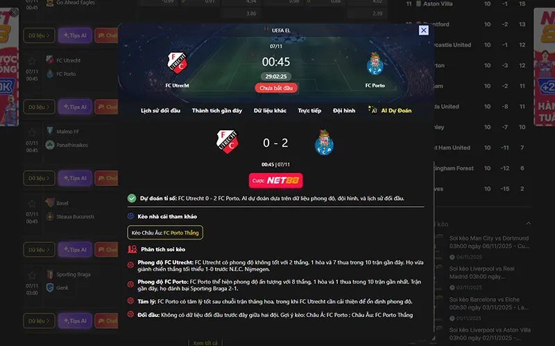 Dự đoán kết quả AI Utrecht vs Porto 00h45 ngày 07/11/2025