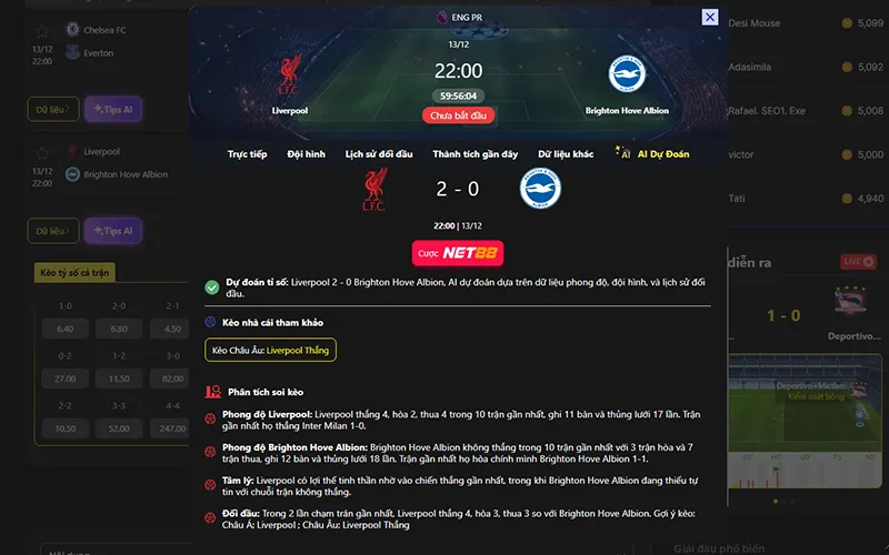 Dự đoán kết quả AI Liverpool vs Brighton 22h00 ngày 13/12/2025