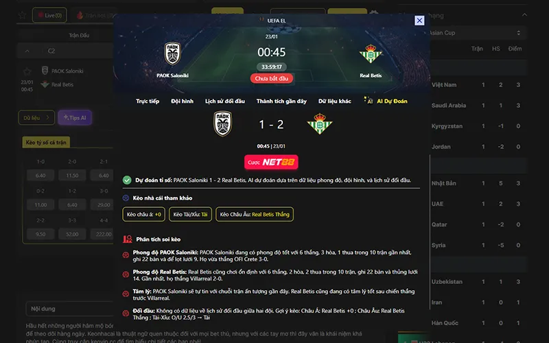 Dự đoán kết quả AI PAOK vs Betis 00h45 ngày 23/01/2026