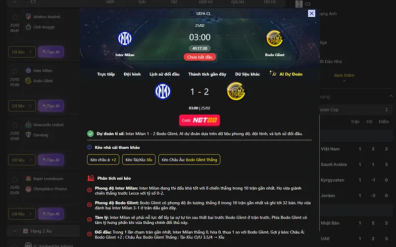 Dự đoán kết quả AI Inter Milan vs Bodo Glimt 03h00 ngày 25/02/2026