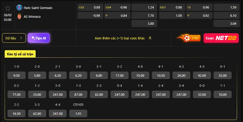 Tỷ lệ kèo PSG vs Monaco hôm nay 03h00 ngày 26/02/2026