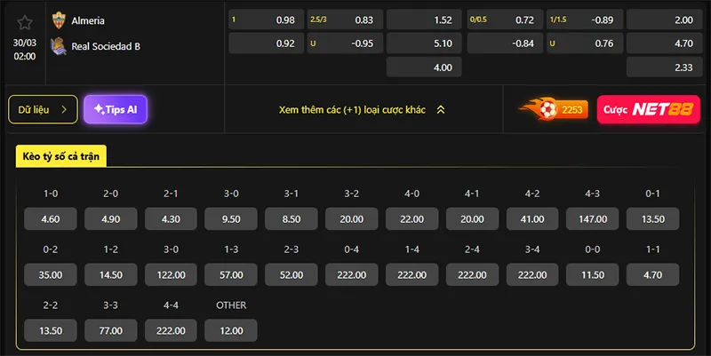 Tỷ lệ kèo Almeria vs Sociedad B hôm nay 02h00 ngày 30/3/2026