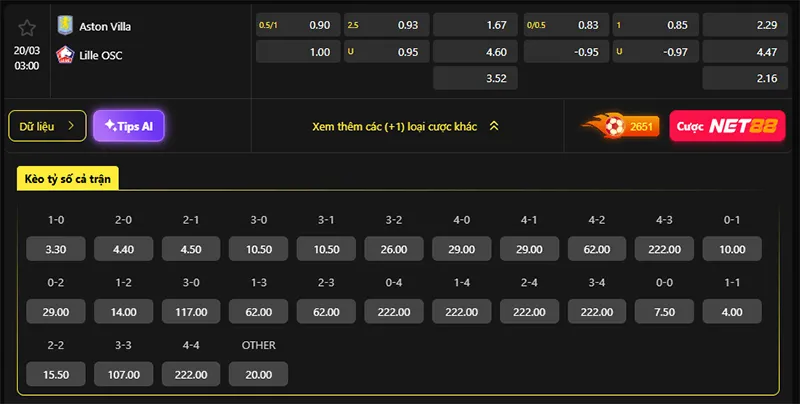 Tỷ lệ kèo Aston Villa vs Lille hôm nay 03h00 ngày 20/3/2026