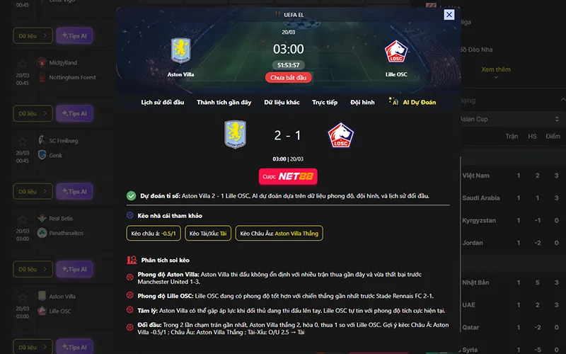 Dự đoán kết quả AI Aston Villa vs Lille 03h00 ngày 20/3/2026