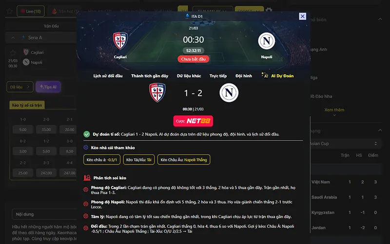 Dự đoán kết quả AI Cagliari vs Napoli 00h30 ngày 21/3/2026
