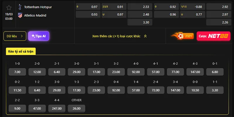 Tỷ lệ kèo Tottenham vs Atl Madrid hôm nay 03h00 ngày 19/3/2026