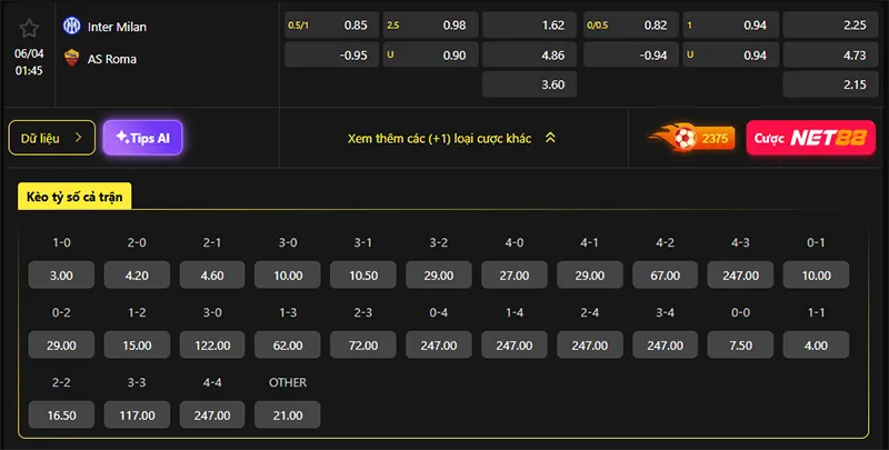 Tỷ lệ kèo Inter Milan vs AS Roma hôm nay 01h45 ngày 06/4/2026