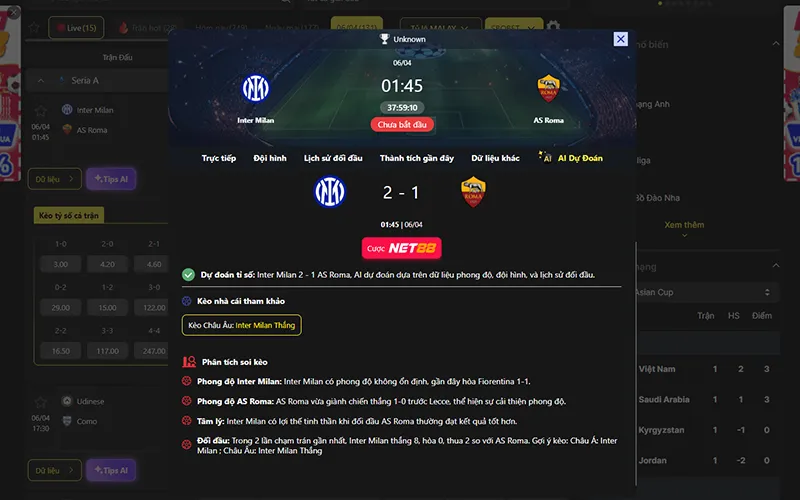 Dự đoán kết quả AI Inter Milan vs AS Roma 01h45 ngày 06/4/2026